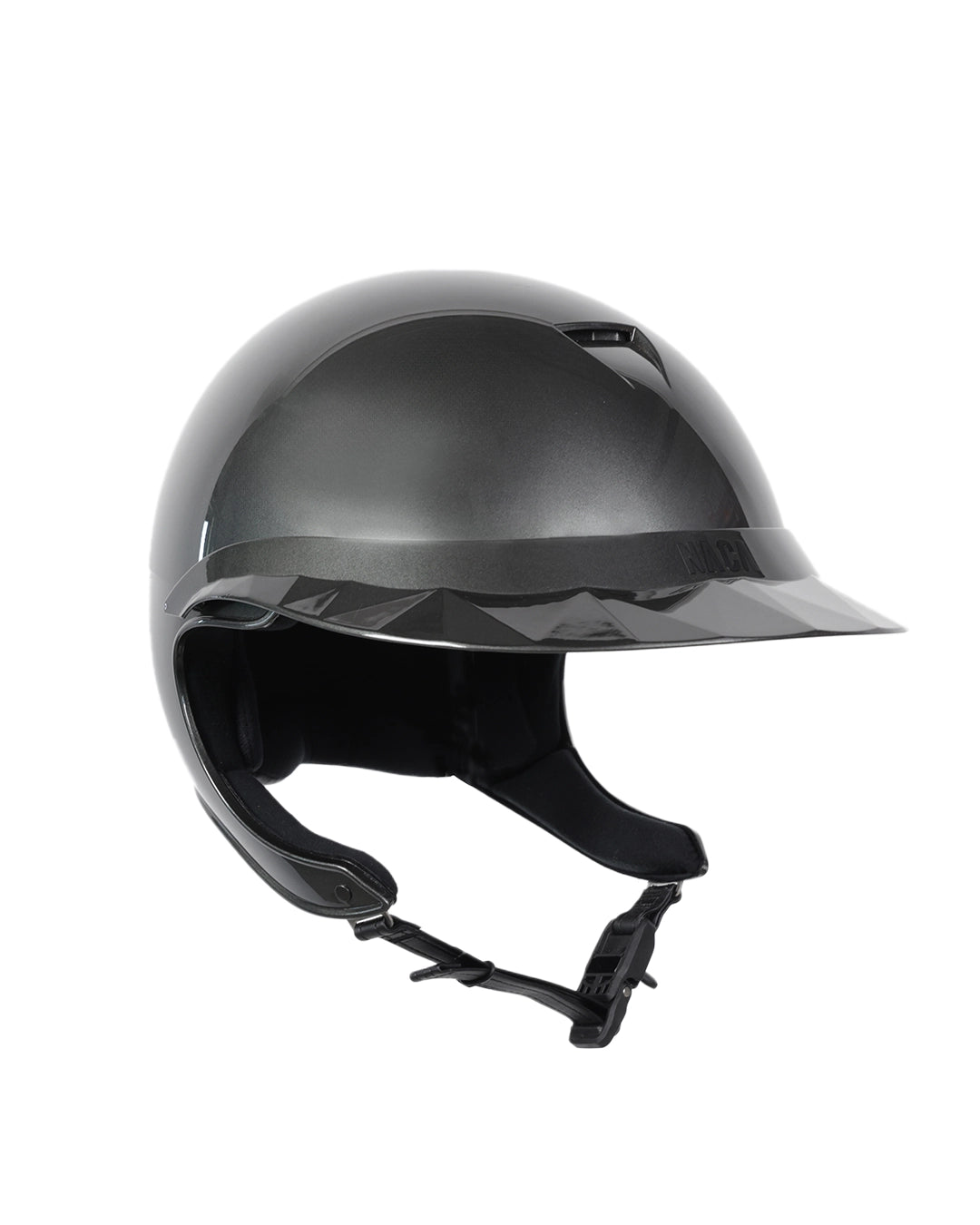 asque d’équitation NACA COMÈTE XP finition gris brillant avec visière large Glow, vue de face