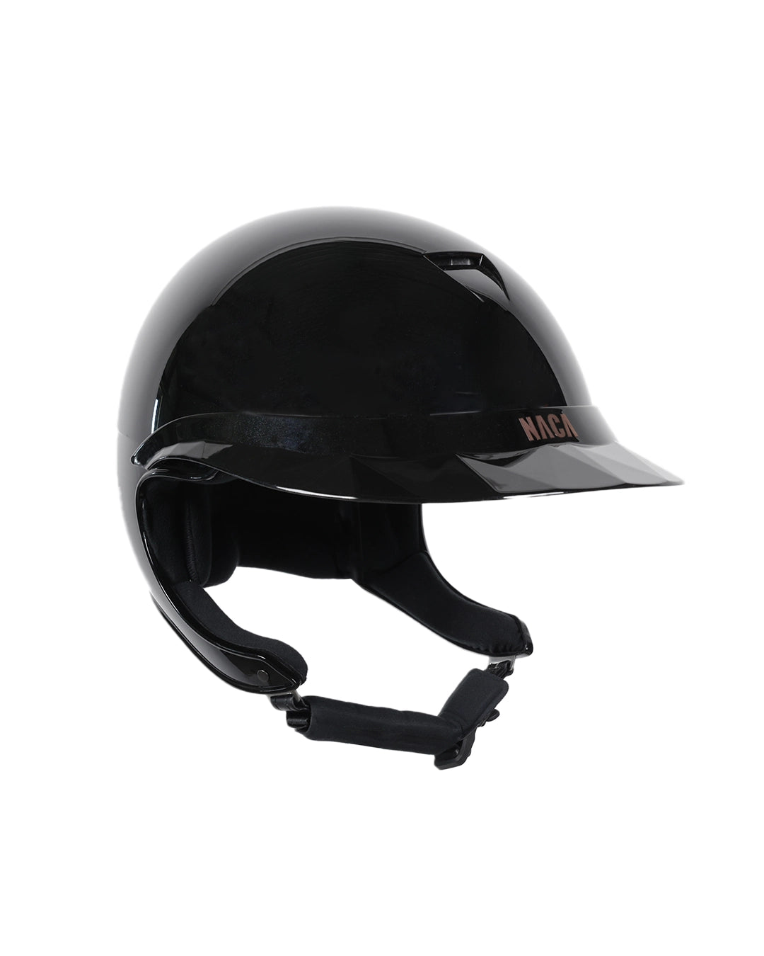 Casque d’équitation NACA COMÈTE XP finition noir brillant avec visière large Glow, vue de face