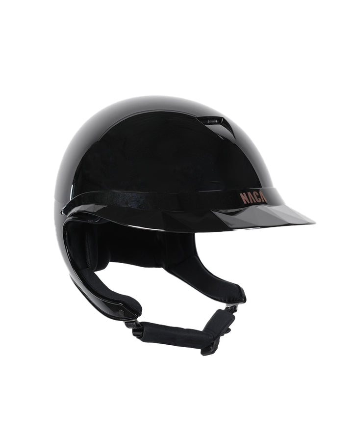 Casque d’équitation NACA COMÈTE XP finition noir brillant avec visière large Glow, vue de face