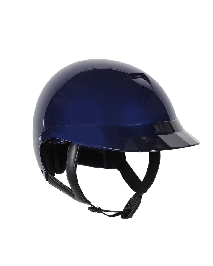 Casque d’équitation NACA COMÈTE S finition bleu brillant avec petite visière Glow, vue arrière