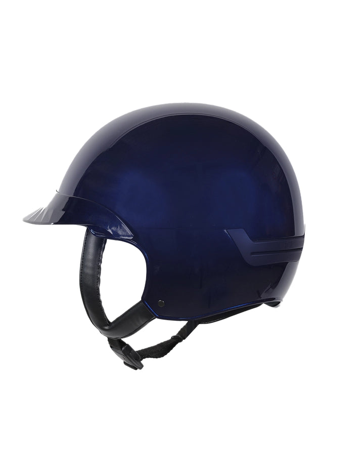 Casque d’équitation NACA COMÈTE S finition bleu brillant avec petite visière Glow, vue de face