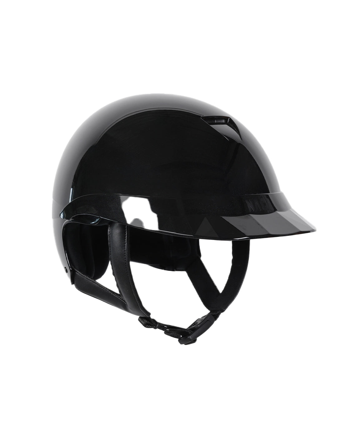 Casque d’équitation NACA COMÈTE S finition noir brillant avec petite visière Glow, vue arrière