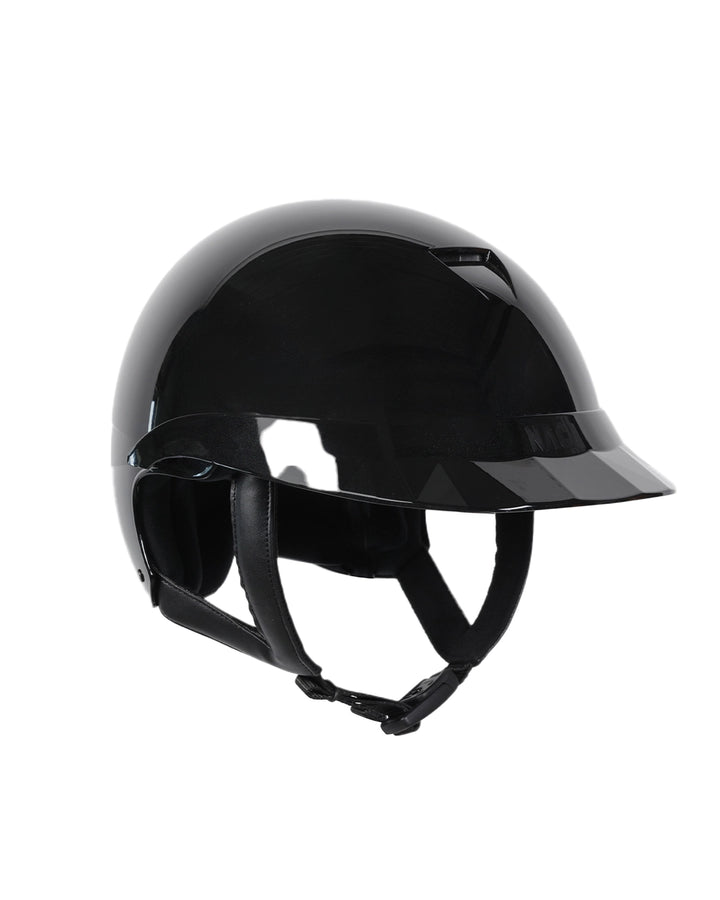 Casque d’équitation NACA COMÈTE S finition noir brillant avec petite visière Glow, vue arrière