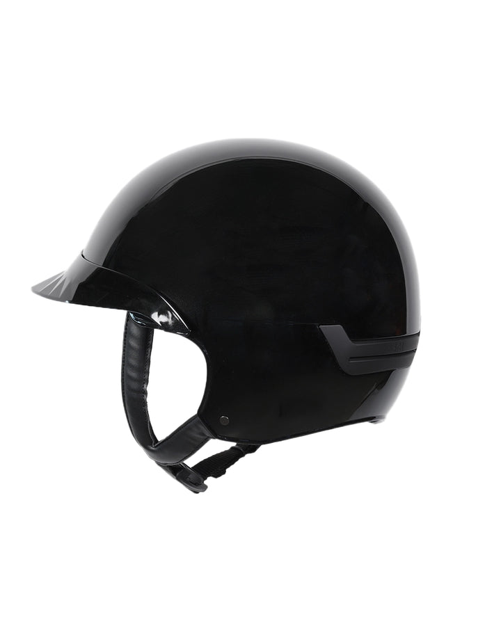 Casque d’équitation NACA COMÈTE S finition noir brillant avec petite visière Glow, vue de face