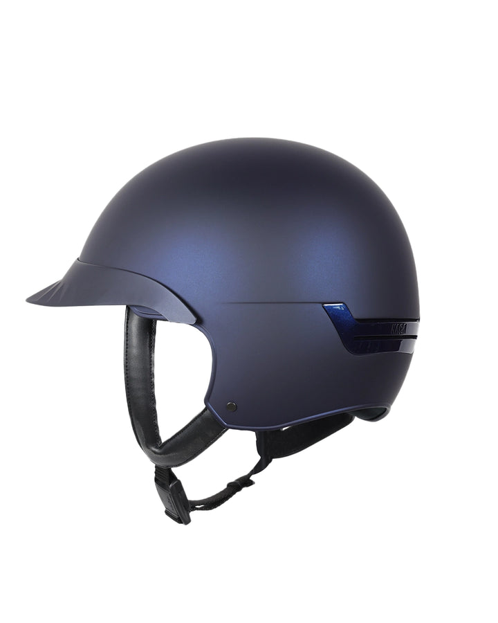Casque d’équitation NACA COMÈTE S finition bleu mat avec petite visière mate, vue de face