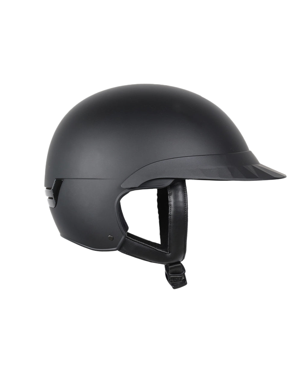 Casque d’équitation NACA COMÈTE S noir mat avec petite visière mate, vue de côté gauche